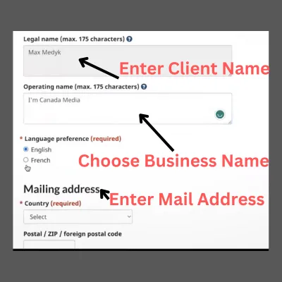 Enter Client and Business Name Details